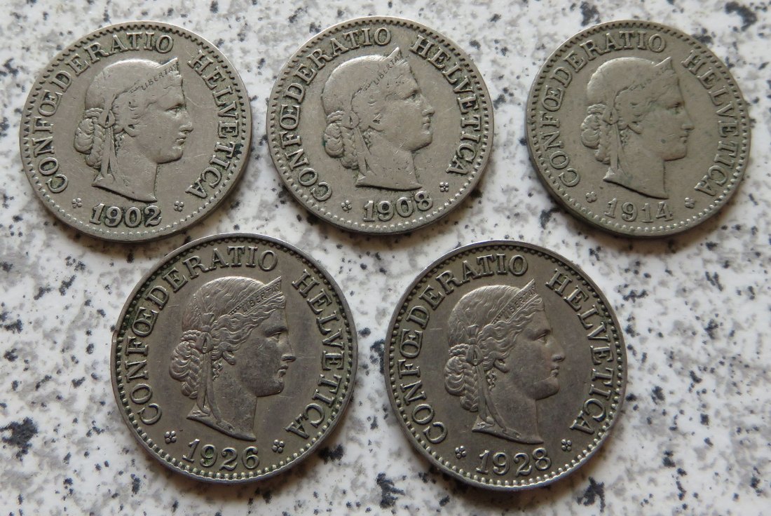  Schweiz 10 Rappen, 5 verschiedene Jahrgänge, 1902 - 1928   