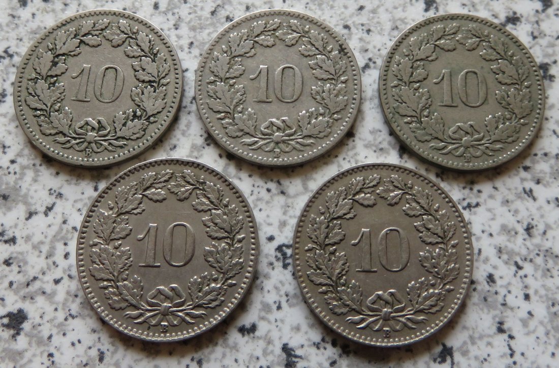  Schweiz 10 Rappen, 5 verschiedene Jahrgänge, 1902 - 1928   