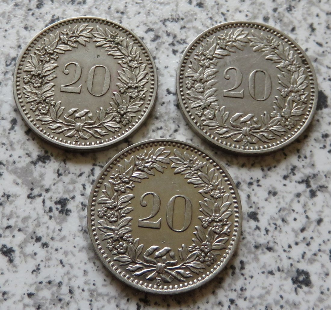  Schweiz 20 Rappen 1909 -1930, 3 verschiedene Jahrgänge   