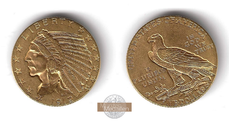 USA. 5 Dollar MM-Frankfurt Feingold: 7,52g Half Eagle - Indian Head 1912 