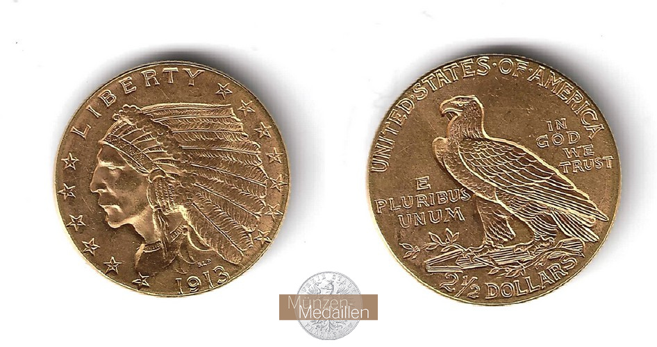 USA. 2.5 Dollar MM-Frankfurt Feingewicht: 3,76g Quarter Eagle - Indian Head 1913 