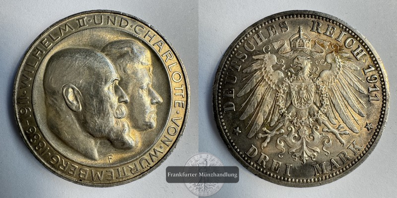  Dt. Kaiserreich. Wilhelm II & Charlotte 3 Mark 1911 F Hochzeit FM-Frankfurt KM#636 Feinsilber: 15g   