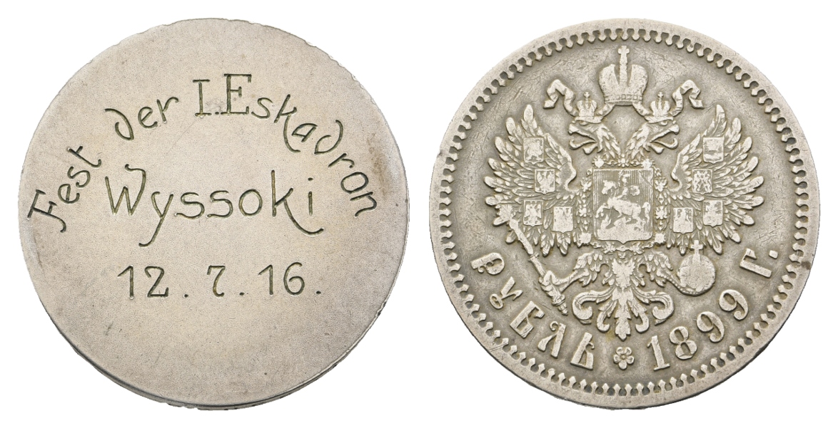  Russland;Ag;1 Rubel 1899 mit abgeschliffende Vorderseite;Fest der 1.Eskadron Wyssoki 12.7.16   