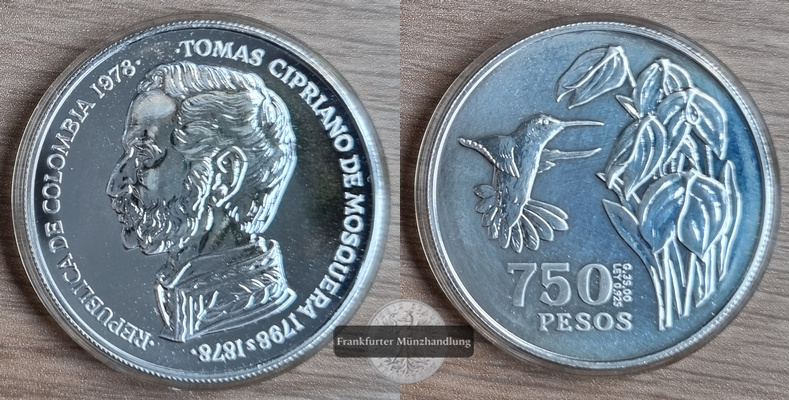  Kolumbien  750 Pesos  1978  FM-Frankfurt/M  Feingewicht: 32,38g Silber  vorzüglich   