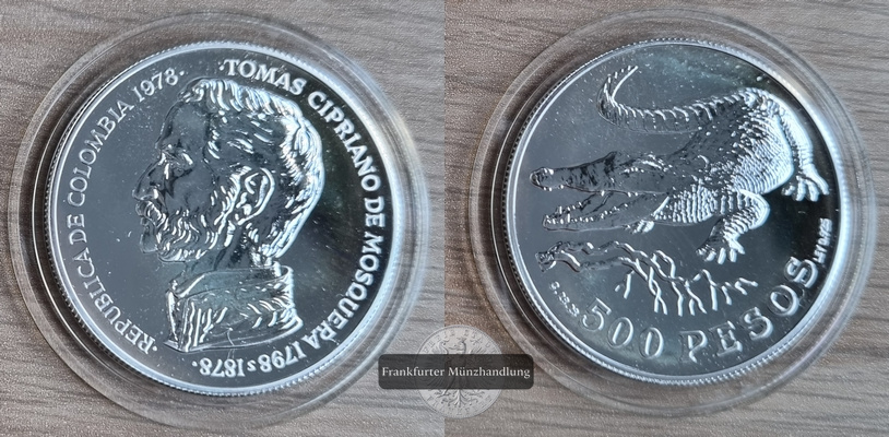  Kolumbien  500 Pesos  1978  FM-Frankfurt/M  Feingewicht: 26,16g Silber  vorzüglich   