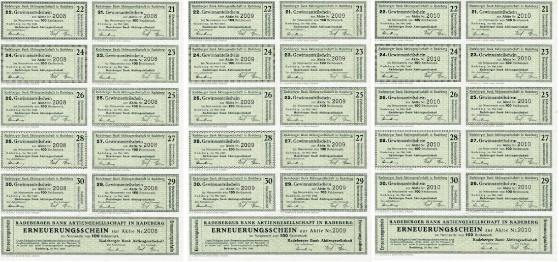  30 historische Gewinnanteilscheine 1943 auf 3 Bögen   