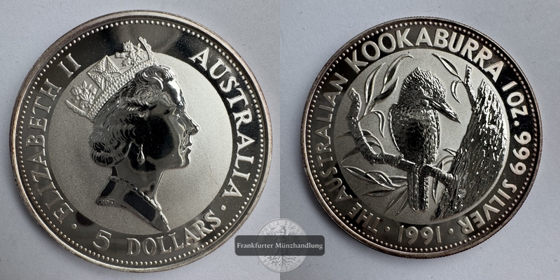  Australien.  5 Dollar 1991  Kookaburra  FM-Frankfurt KM#138 Feinsilber: 31,1g   