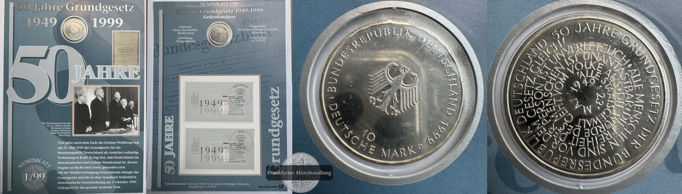  BRD. 10 Mark 1999 D Anniversary of Constitution FM-Frankfurt KM#132 Feinsilber: 14,34g   