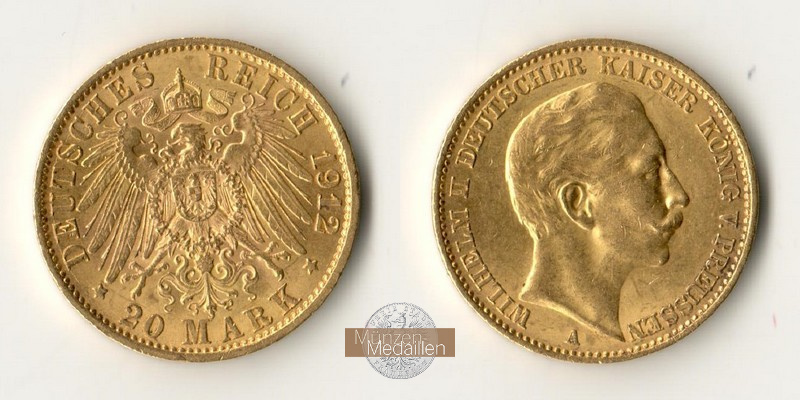 Dt. Kaiserreich. Preussen Wilhelm II. MM-Frankfurt Feingold: 7,17g 20 Mark 1912 A 