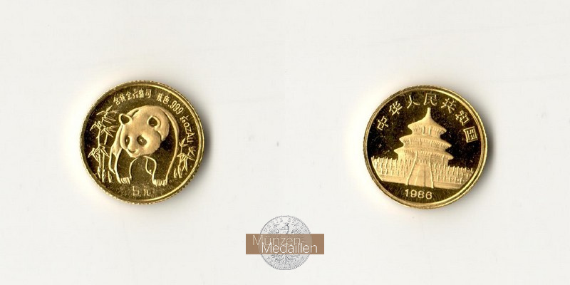 China MM-Frankfurt Feingewicht: 1,56g Gold 5 Yuan (Panda) 1986 