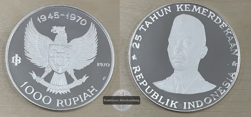  Indonesien 1000 Rupiah  1970  FM-Frankfurt/M  Feingewicht: 39,96g Silber vz aus PP   