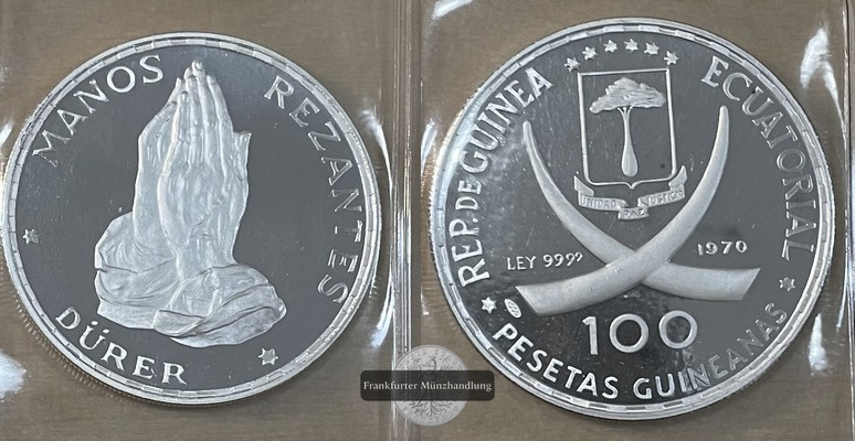  Äquatorialguinea 100 Pesetas  1970  FM-Frankfurt/M  Feingewicht: 10g  Silber  PP   