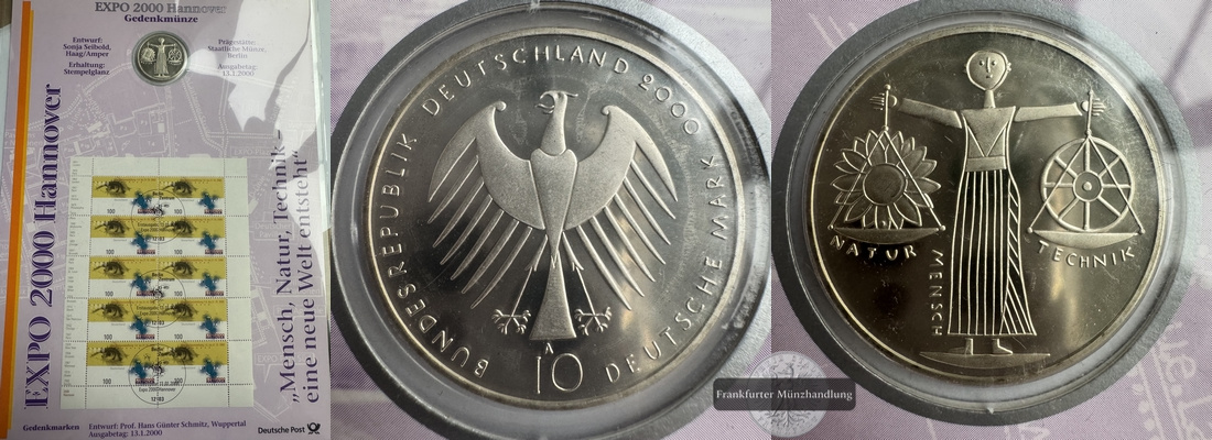  Deutschland 10 D-Mark 2000 Expo Hannover Numisblatt FM-Frankfurt KM#199 Feinsilber: 14,34g   