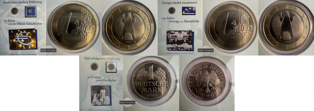  Deutschland.  2x 1 Euro (2003, 2002) & 1x 1 D-Mark (1992) 3x Numisblatt FM-Frankfurt   