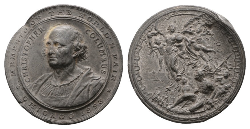  Christopher Columbus, Zinnmedaille 1893; 79,77 g; Ø 59 mm; Randfehler   