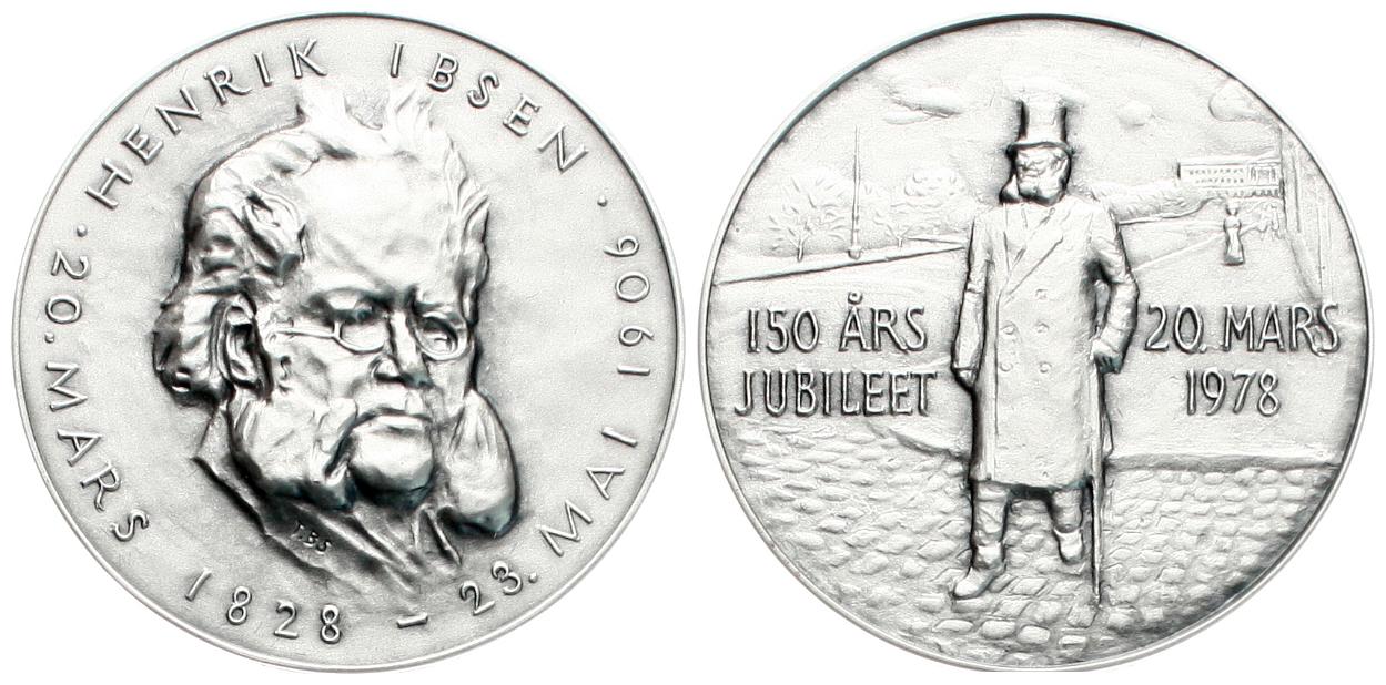  Norwegen: Kunstmedaille auf H. Ibsen, 59,1 gr. 925er Silber (54,66 fein) ø 45 mm im Etui & Zert.   