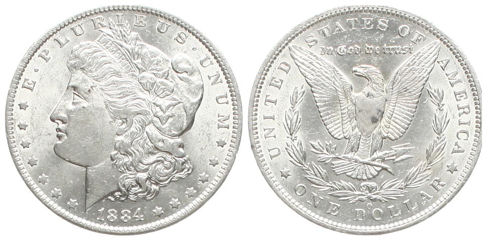  USA: 1 $ 1884 O, Morgan Dollar, 26,7 gr. 900er Silber in prachtvoller Erhaltung, siehe Bilder!!   