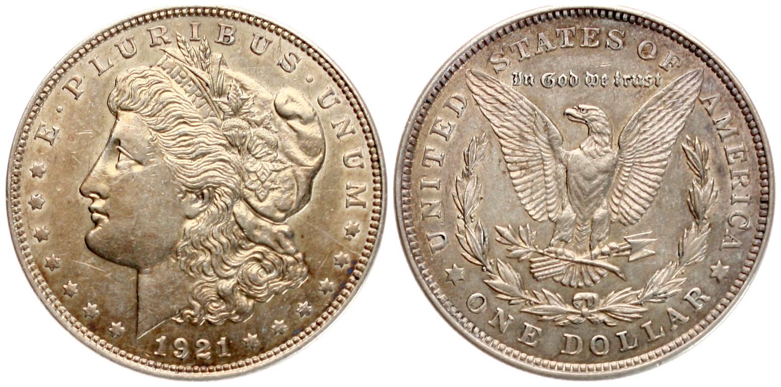  USA: 1 $ 1921, Morgan Dollar, 26,7 gr. 900er Silber in prachtvoller Erhaltung und herrlicher Patina!   