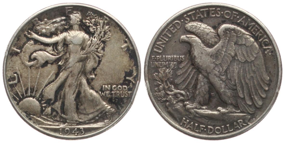  USA: Half Dollar 1943, Walking Liberty, 12,5 gr. 900er Silber, 11,25 fein! ERHALTUNG, siehe Bilder!   