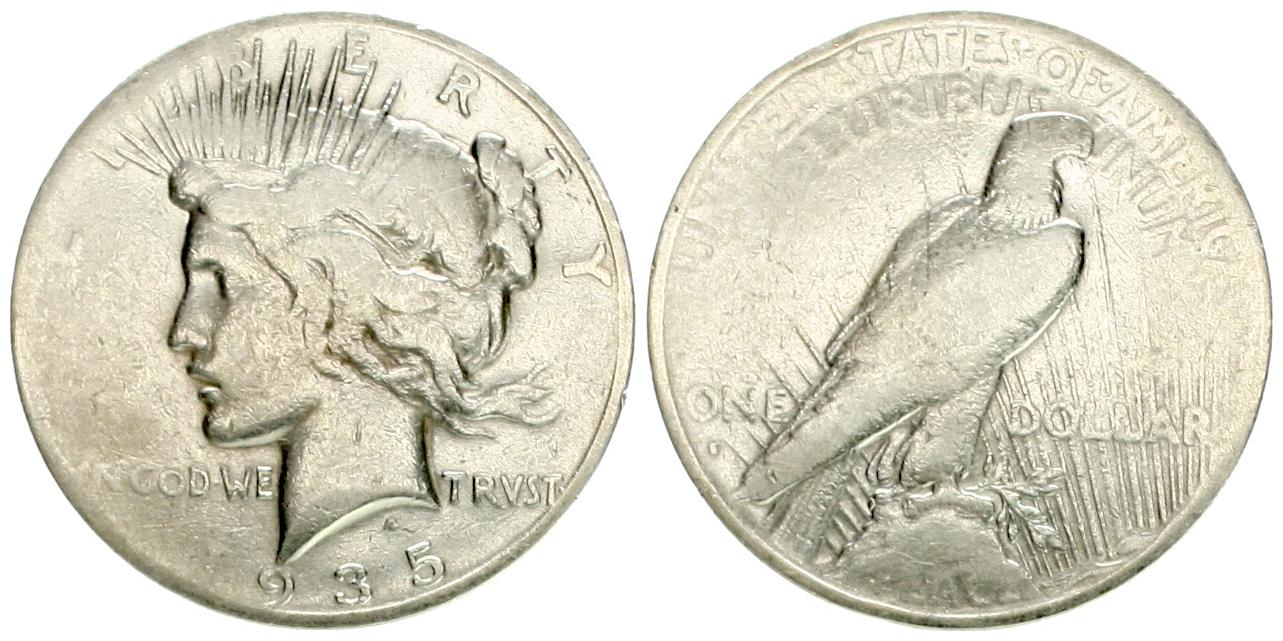  USA: 1 Dollar 1935 (!), Peace Dollar, KM# 150, 26,80 gr. 900er Silber, siehe Bilder!   