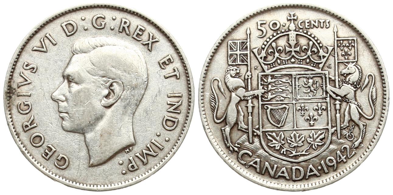  Kanada: Geoorg VI. 50 Cents 1942, 11,66 gr. 800er Silber (9,32 gr. fein)   