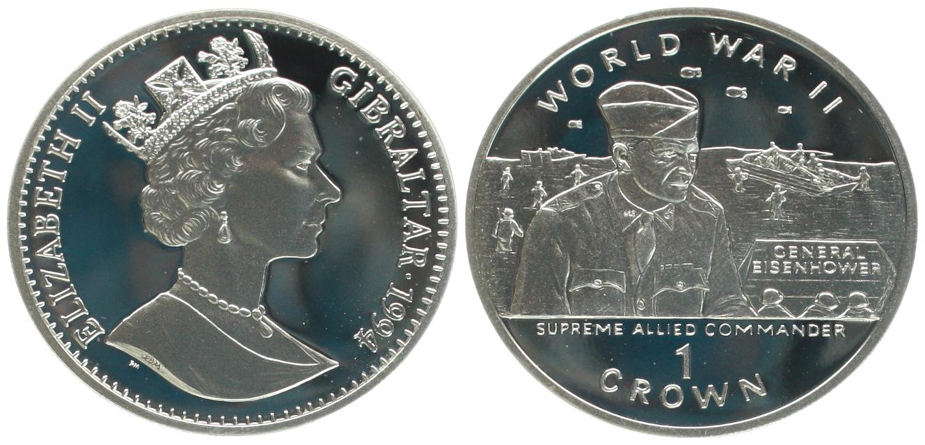  Gibraltar: Elisabeth II., 1 Crown 1994, 2. Weltkrieg, Eisenhower, KM# 264, 28,28 gr. 925 er Silber   