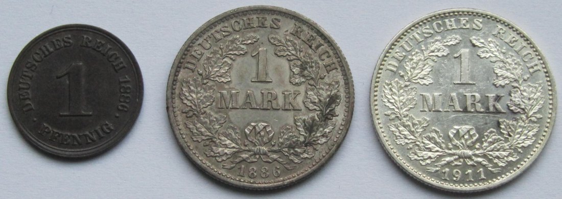  Kaiserreich: 1 Pfennig 1886 A + 1 Mark 1886 D + 1 Mark 1911 G in Top-Erhaltung   