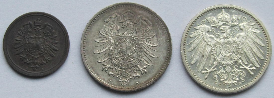  Kaiserreich: 1 Pfennig 1886 A + 1 Mark 1886 D + 1 Mark 1911 G in Top-Erhaltung   