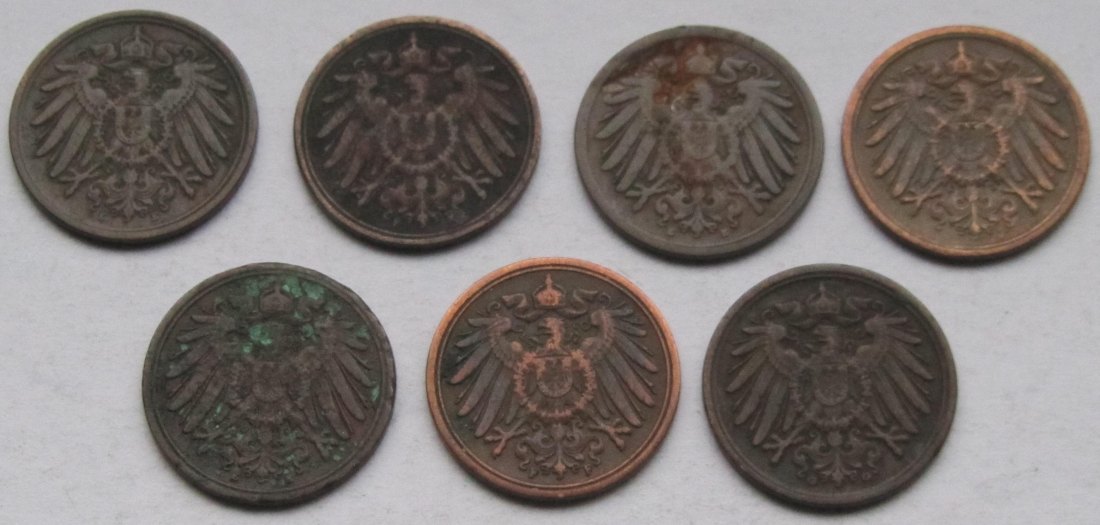  Kaiserreich: Sieben verschiedene seltene Jahrgänge 1 Pfennig   