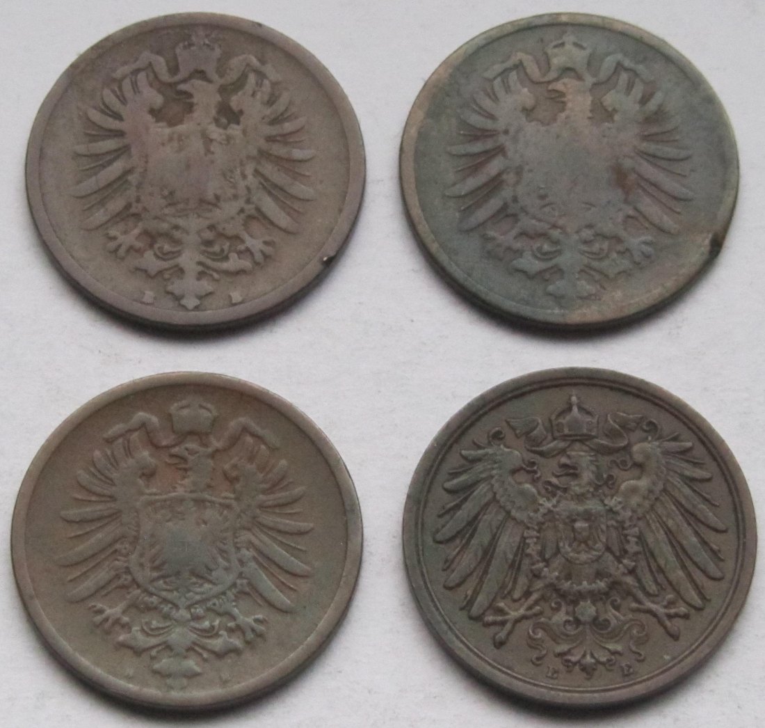  Kaiserreich: 2 Pfennig 1873 B + 1874 H + 1875 H + 1913 E   