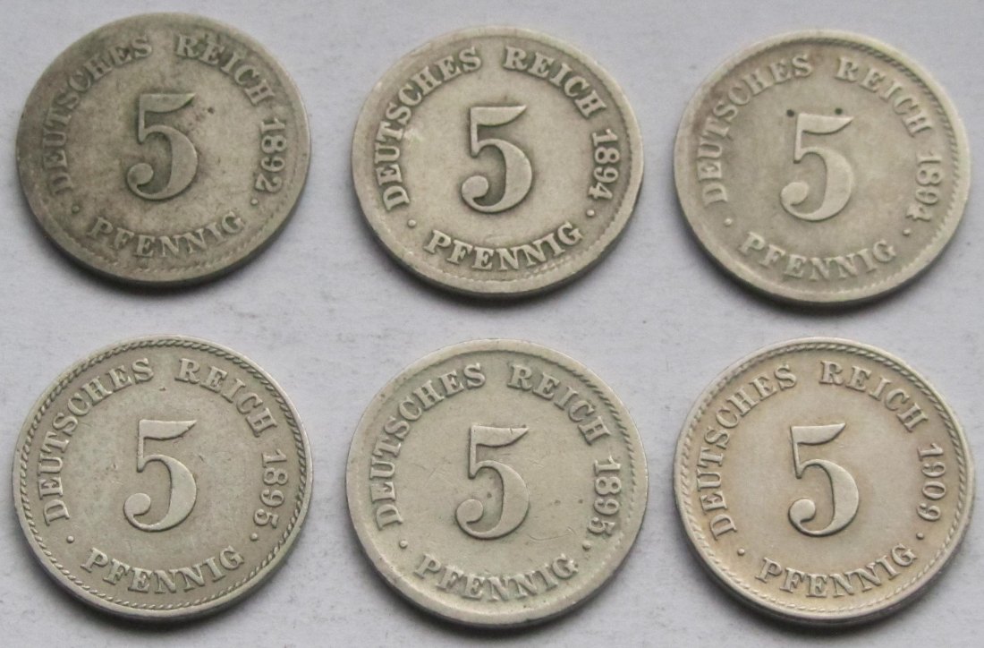  Kaiserreich: Sechs verschiedene seltene Jahrgänge 5 Pfennig   