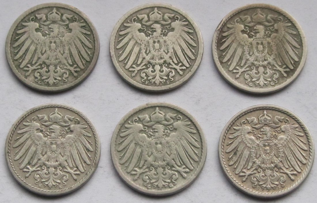  Kaiserreich: Sechs verschiedene seltene Jahrgänge 5 Pfennig   