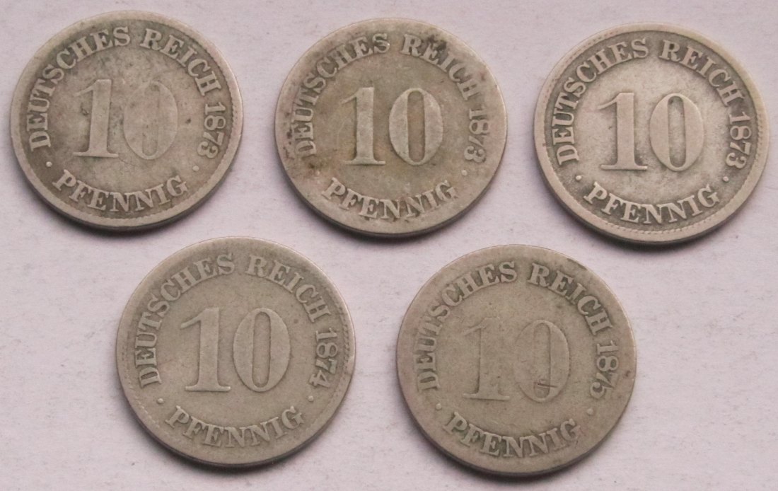  Kaiserreich: Fünf verschiedene seltene Jahrgänge 10 Pfennig   