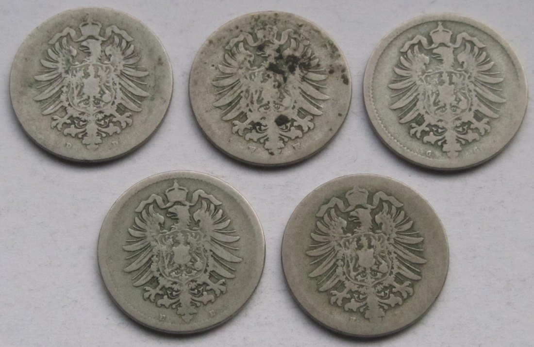  Kaiserreich: Fünf verschiedene seltene Jahrgänge 10 Pfennig   