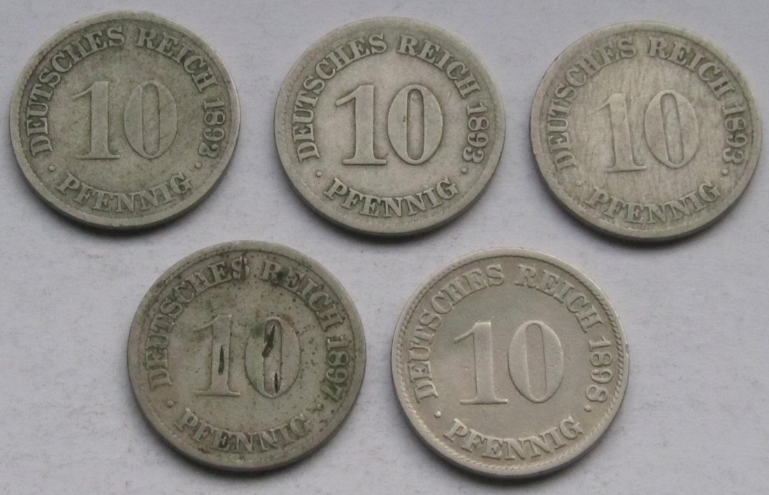  Kaiserreich: Fünf verschiedene seltene Jahrgänge 10 Pfennig   