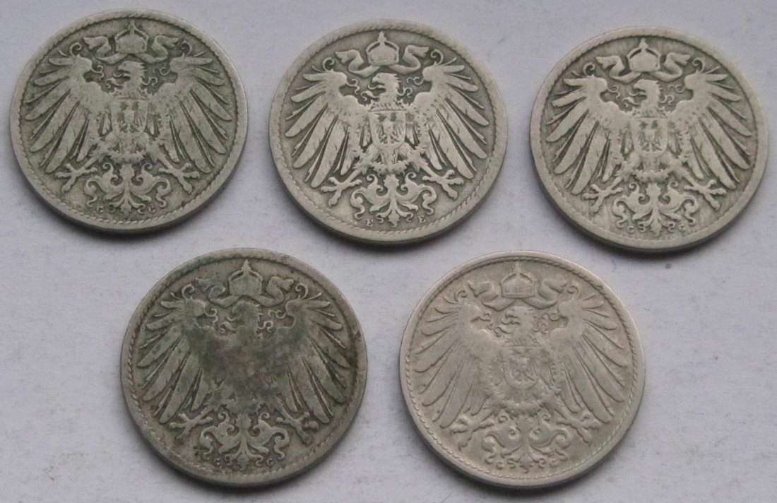  Kaiserreich: Fünf verschiedene seltene Jahrgänge 10 Pfennig   