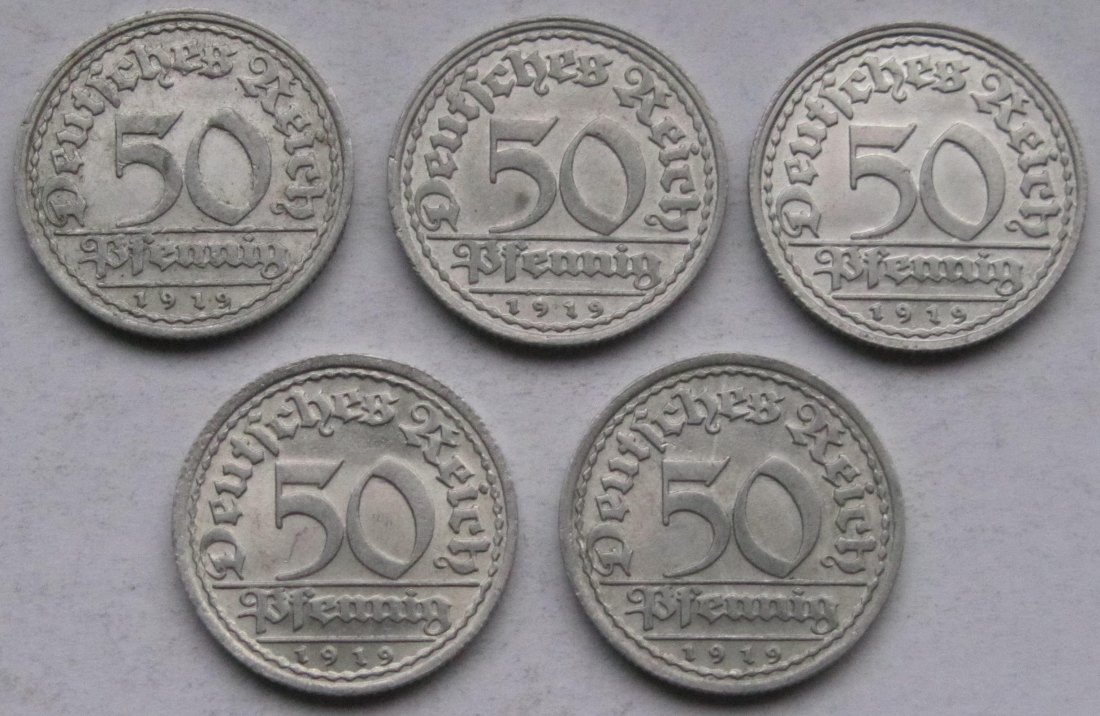  Weimarer Republik: 50 Pfennig 1919 F, 5 Stück   