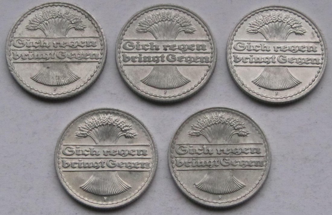  Weimarer Republik: 50 Pfennig 1919 F, 5 Stück   