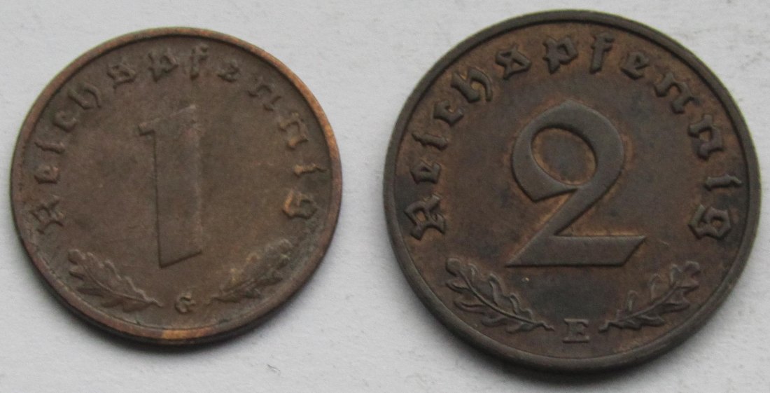  Deutsches Reich: 1 Pfennig 1940 G + 2 Pfennig 1937 E   