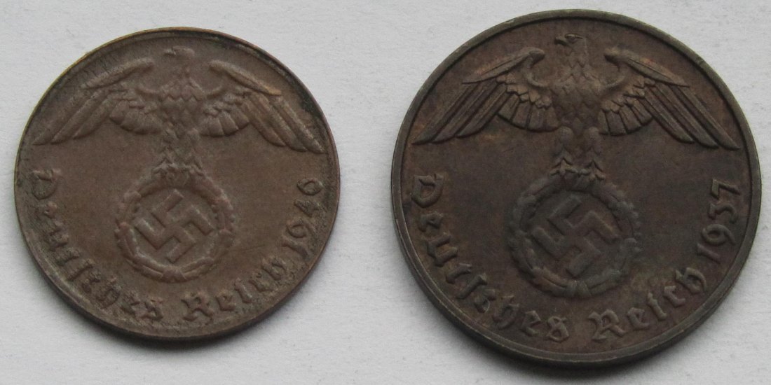  Deutsches Reich: 1 Pfennig 1940 G + 2 Pfennig 1937 E   