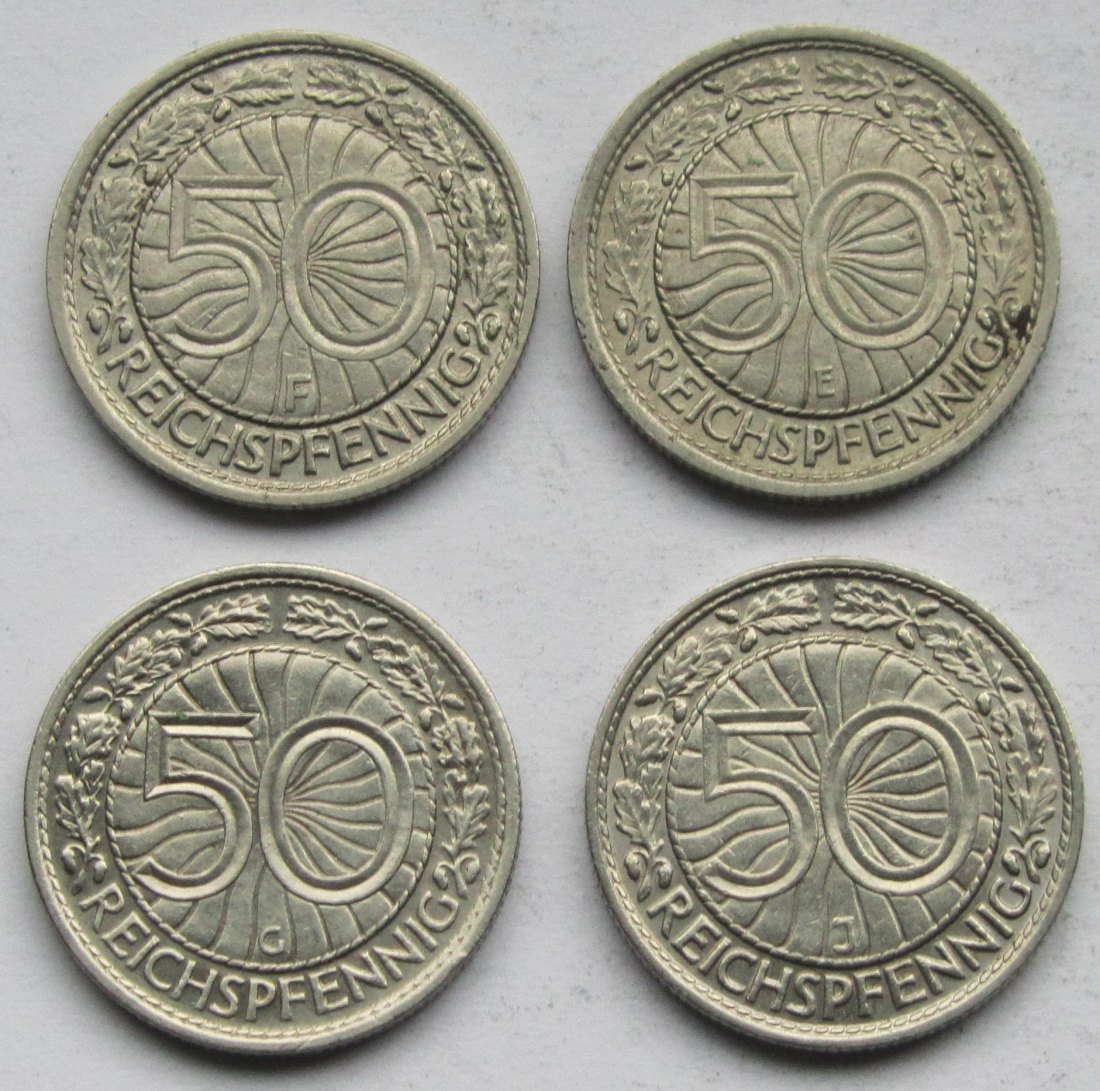  Deutsches Reich: 50 Pfennig 1929 F + 1936 E + 1938 G + 1938 J   