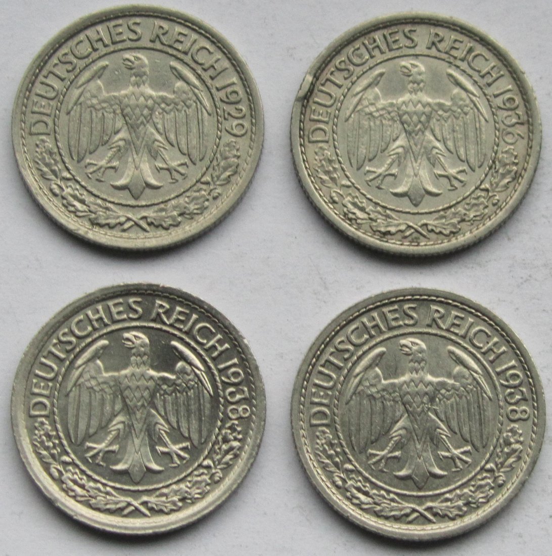  Deutsches Reich: 50 Pfennig 1929 F + 1936 E + 1938 G + 1938 J   