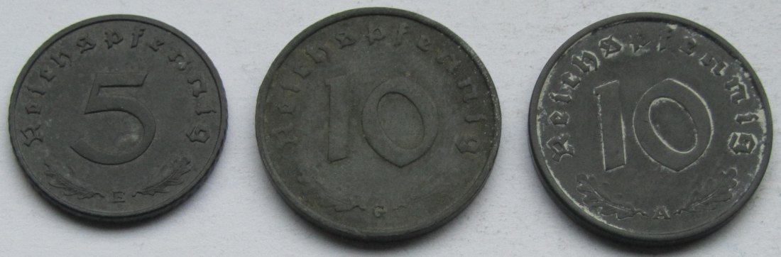  Deutsches Reich: 5 Pfennig 1942 E + 10 Pfennig 1943 G + 1945 A   