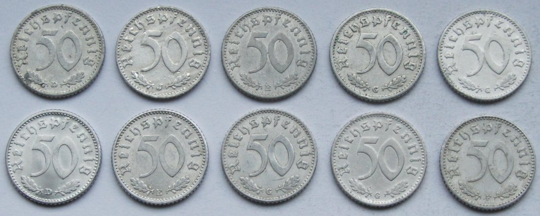  Deutsches Reich: Zehn verschiedene seltene Jahrgänge 50 Pfennig   