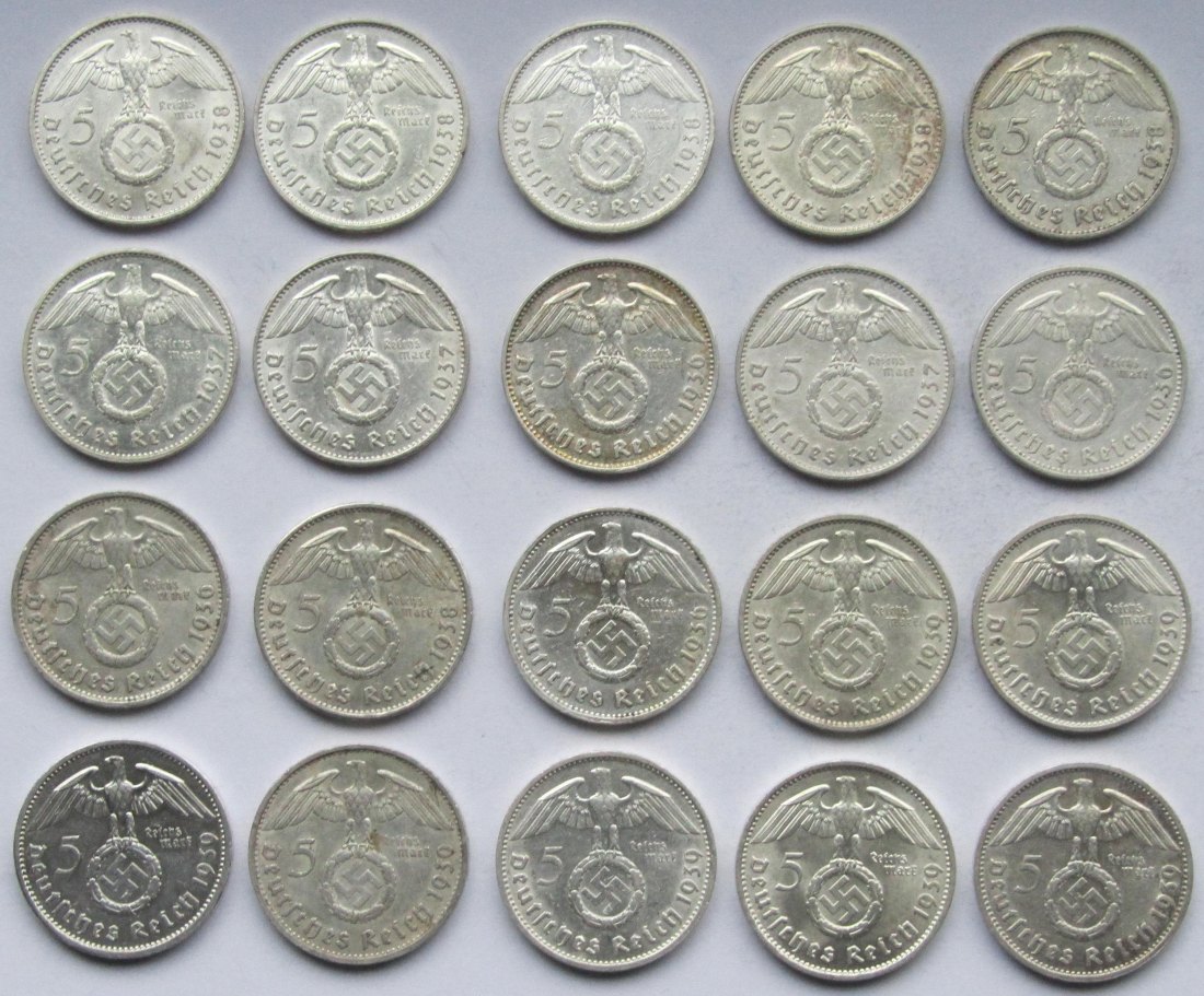  Deutsches Reich: 20 x 5 Mark Hindenburg, zusammen 250 g Feinsilber   