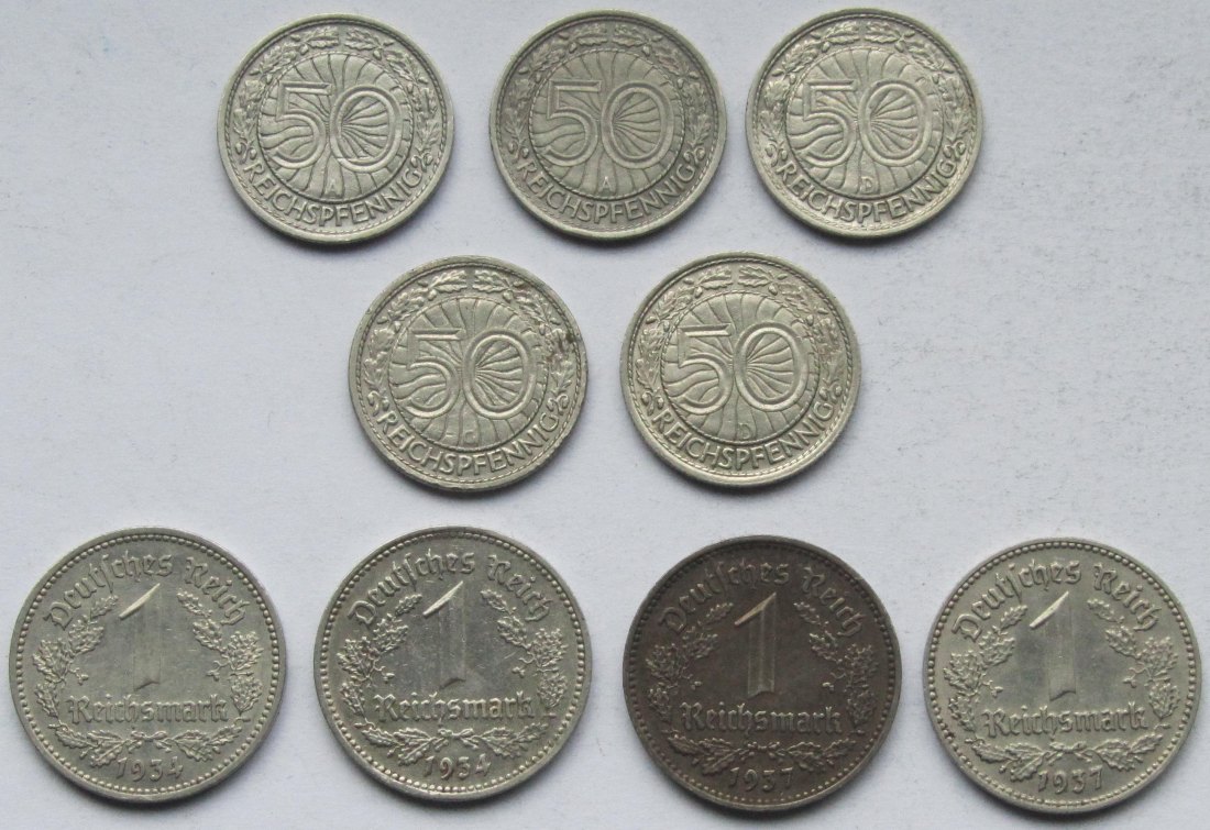  Deutsches Reich: 5 x 50 Pfennig + 4 x 1 Mark Nickel   