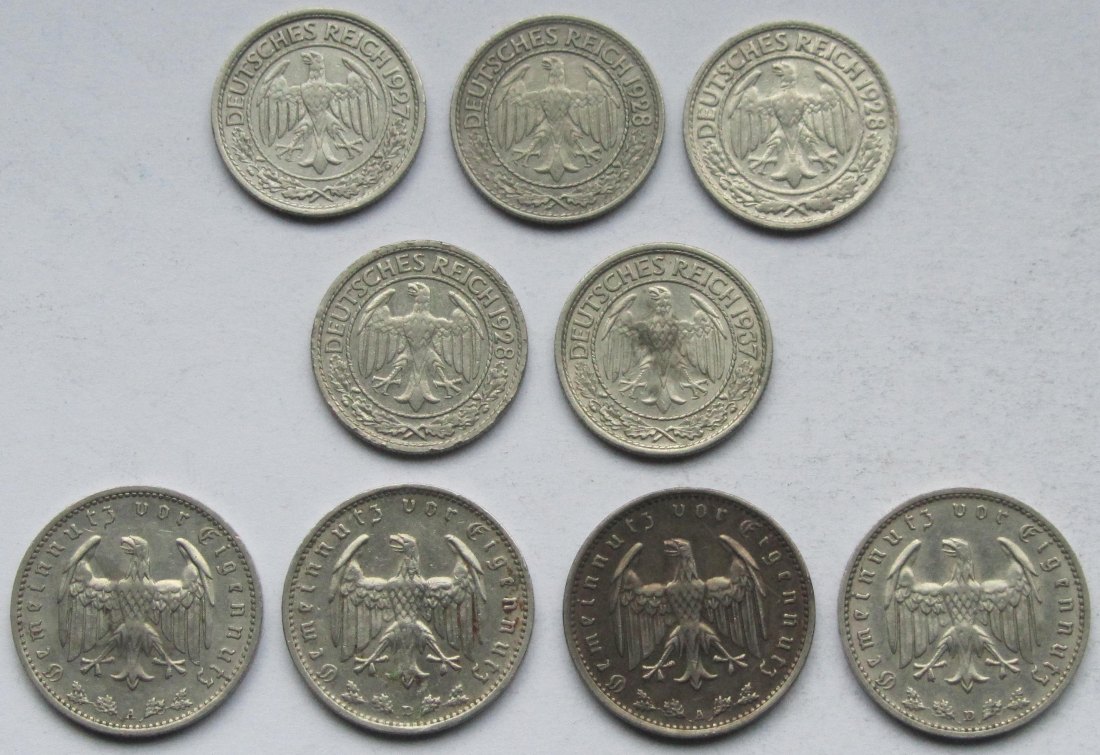  Deutsches Reich: 5 x 50 Pfennig + 4 x 1 Mark Nickel   