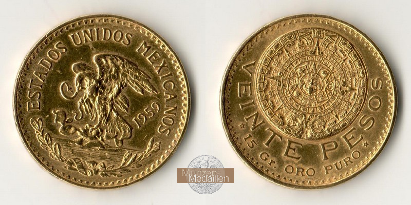 Mexiko MM-Frankfurt Feingold: 15g 20 Pesos 1959 