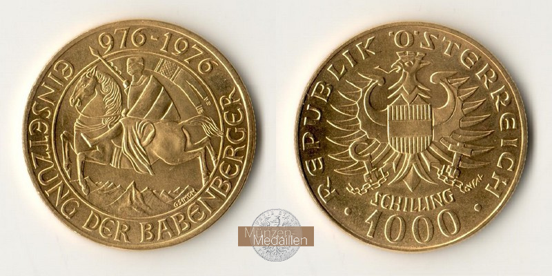 Österreich  1000 Schilling MM-Frankfurt Feingold: 12,15g Einsetzung der Babenberger 1976 