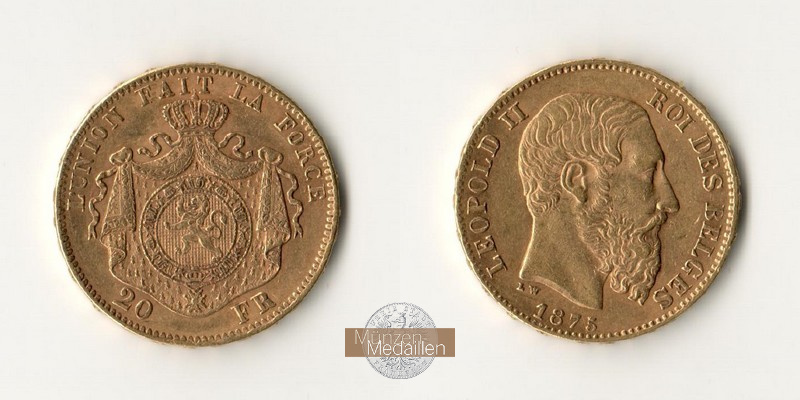 Belgien  20 Francs MM-Frankfurt Feingold: 5,81g Leopold II. 1865-1909 1875 